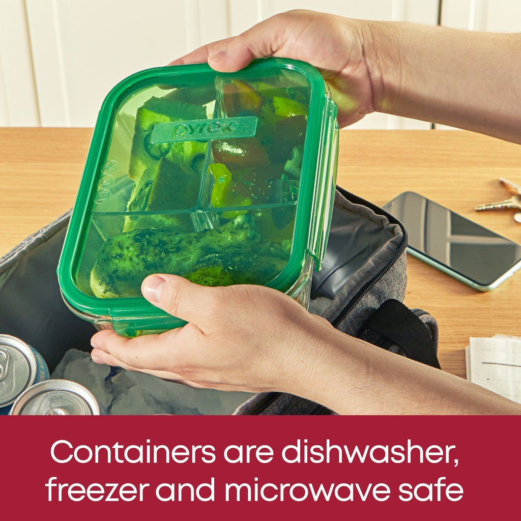 Pyrex® MealBox™ 5.5-cup Divided Glass Food Storage Container with Green Lid